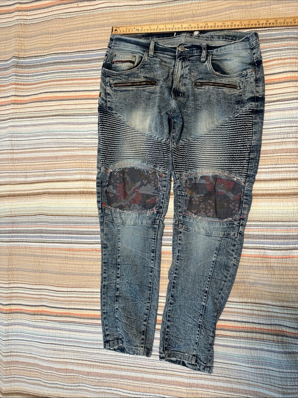 Akademiks Men's Distressed Blue Jeans upcycled with antique Japanese denim